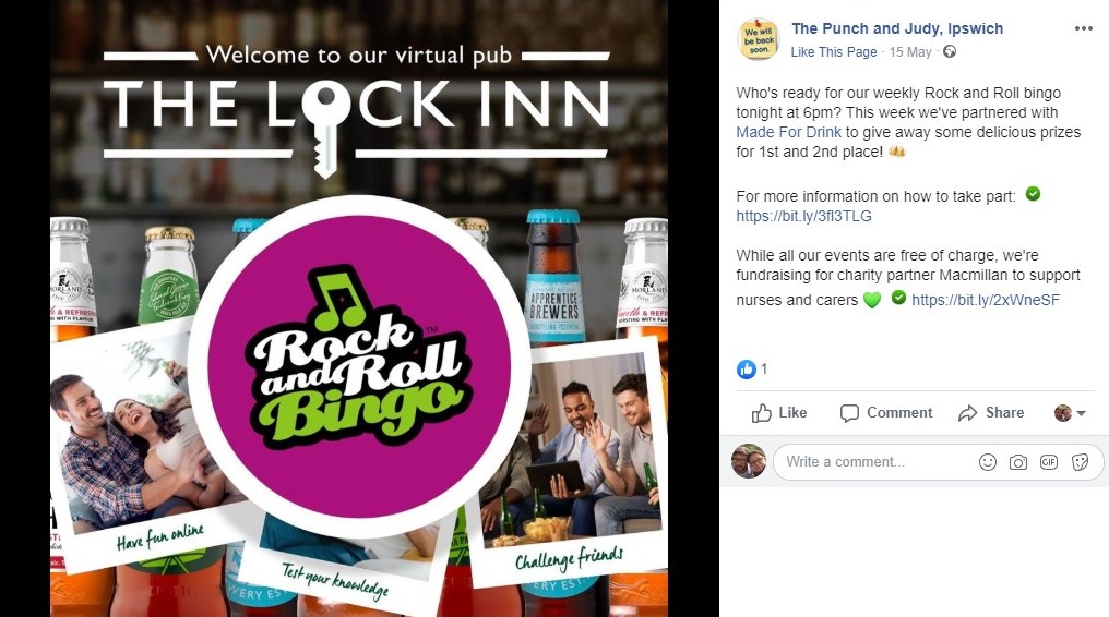 Facebook post advertising the Punch & Judy/Greene King pub's Rock & Roll Bingo online