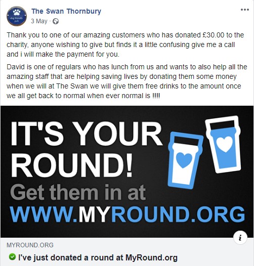 social media post from The Swan, Thornbury, turning donations into drinks for care workers