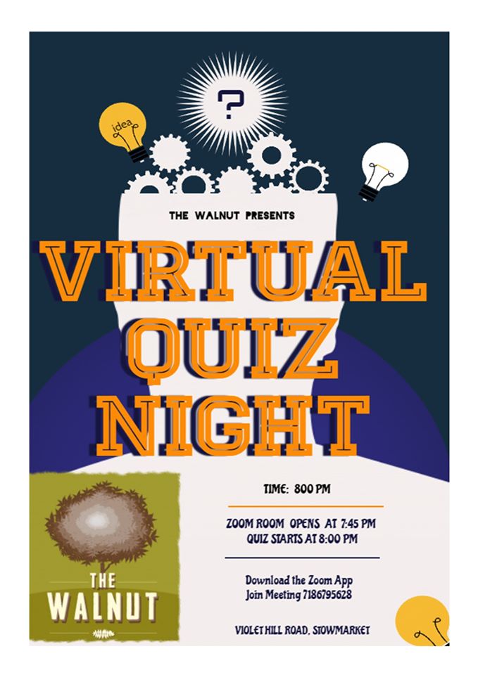 Poster advertising The Walnut Virtual Quiz Night in orange text on background of grey cogs and light bulbs wthe The Walnut Pub logo and Zoom invitation details