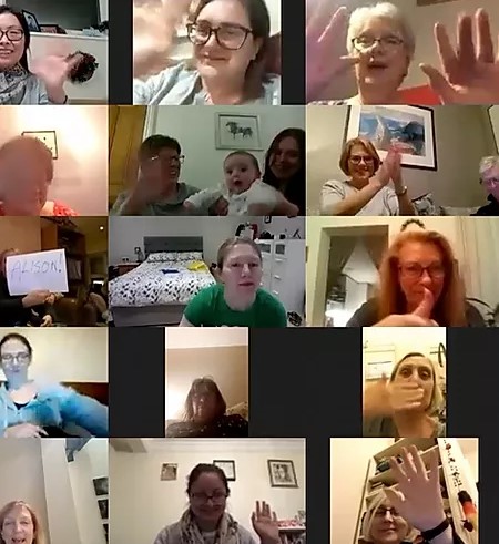 screengrab image of zoom chat with multiple members taking part in Vchoir virtual choir