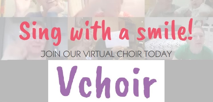 banner with pink wording 'sing with a smile' advertising Vchoir virtual choir. Text over greyed, transparent zoom chat screengrab image