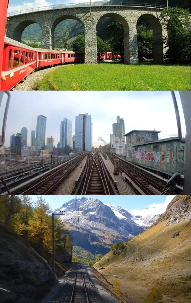 Image showing 3 photo snapshots from different train journeys around the world. Images of red train passing stone aquaduct, an image of a tran track passing through a sky scrapers, and a track heading toward a European mountain range. 
