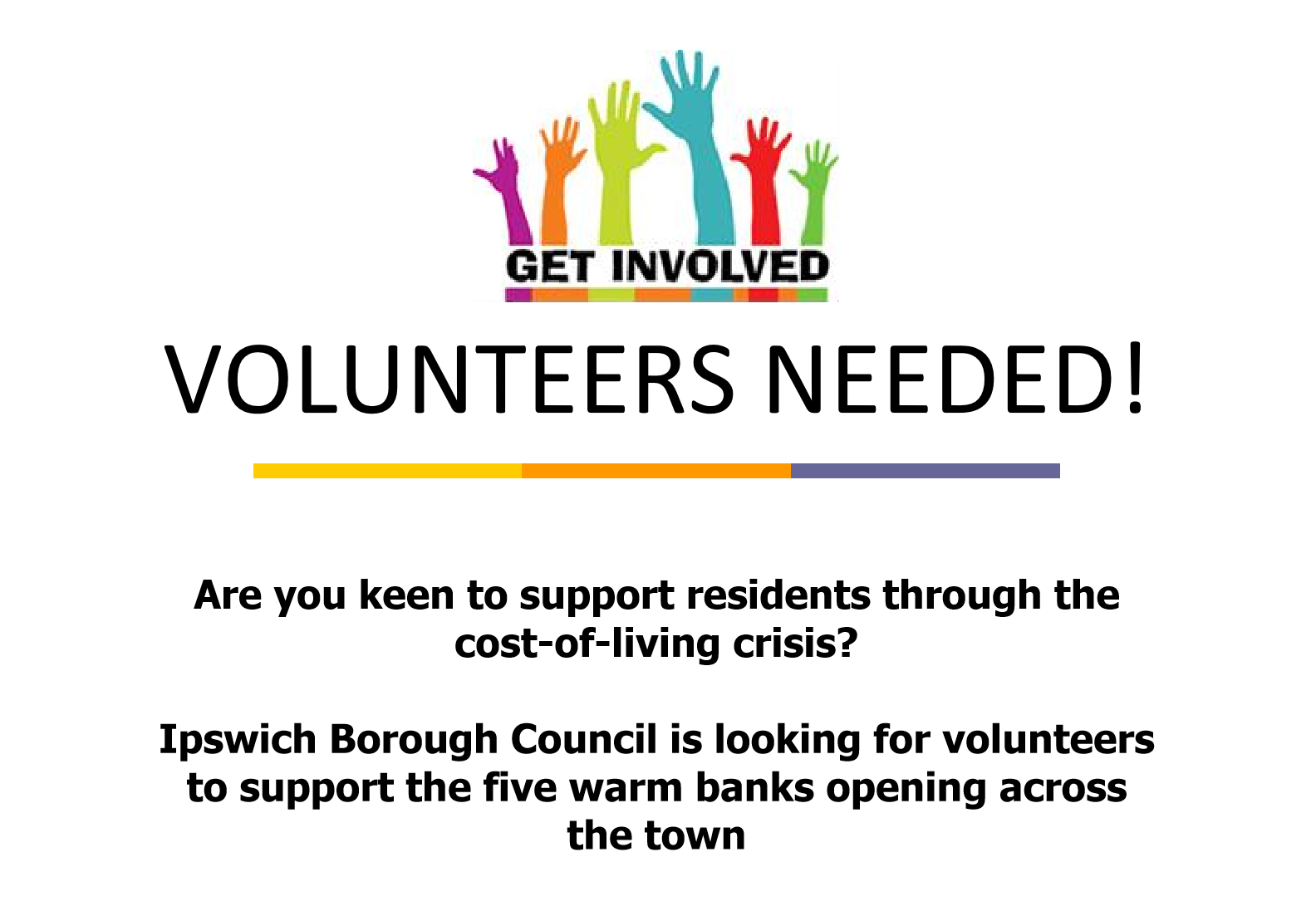 Ipswich Borough Council poster asking for Warm Spaces volunteers
