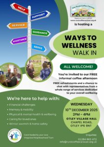 poster advertising a Ways to Wellness Walk In event at Otley Village Hall