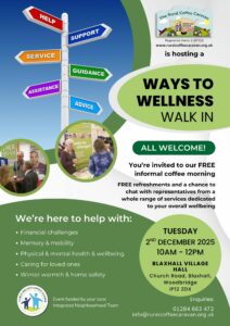 poster advertising a Ways to Wellness Walk In event at Blaxhall Village Hall