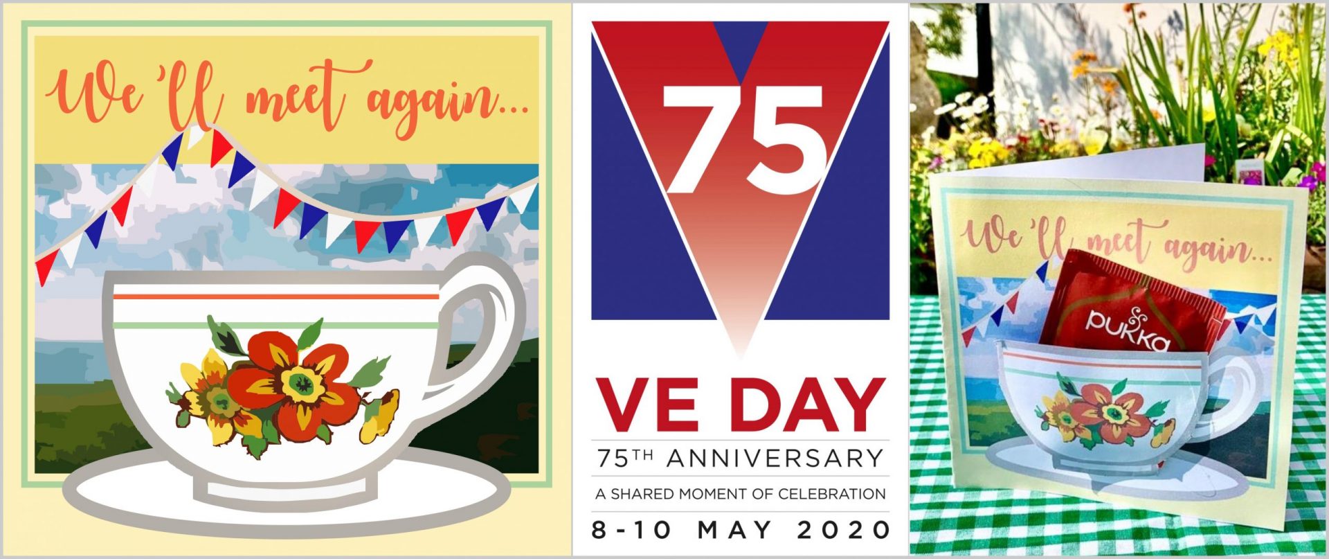 graphic illustration showing rural coffee caravan we'll meet again teacup card design of 1940s style teacup against background of clouded sky and fields alongside VEDAY 75th anniversary logo