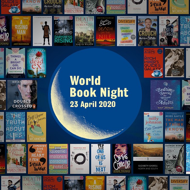 poster showing multiple book front covers arranged around a central moon, advertising World Book Night 2020