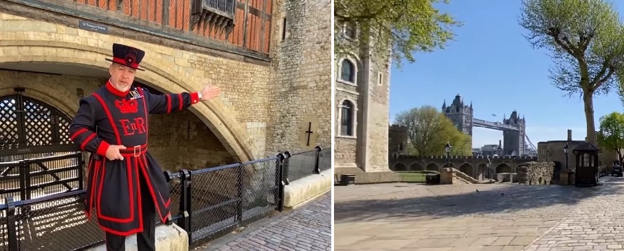 screenshots of film from Yeoman Warder tour of the Tower of London from showing YW Scott Kelly and tower features