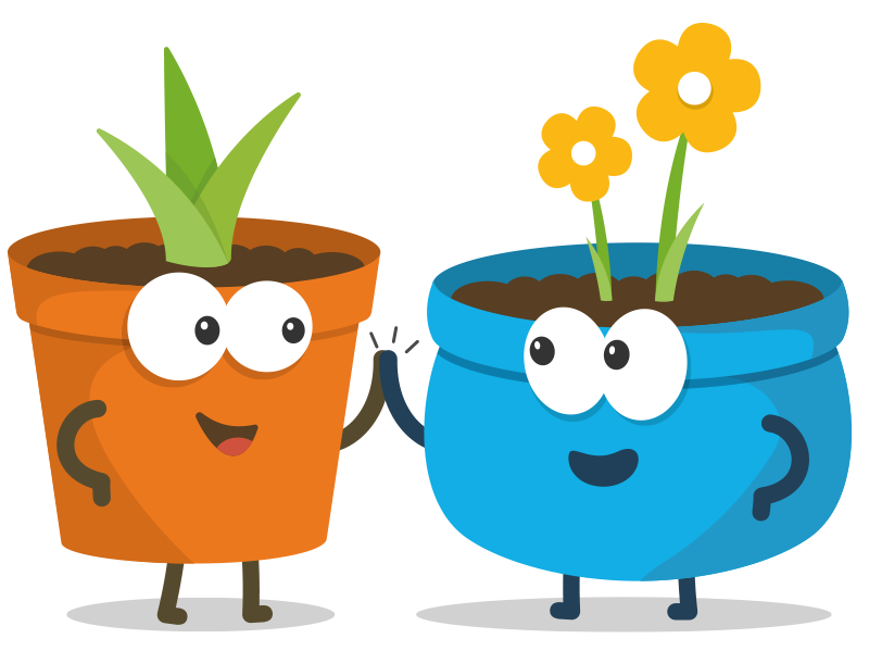 bud and molly - national childrens gardening week mascot graphics - two plant pots with plants in