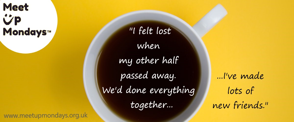 MeetUpMondays quote superimposed onto photo if coffee cup on yellow background