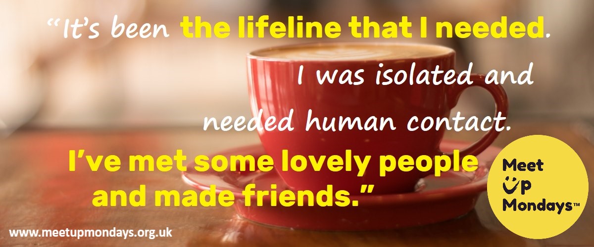 MeetUpMondays quote superimposed onto red coffee cup and saucer