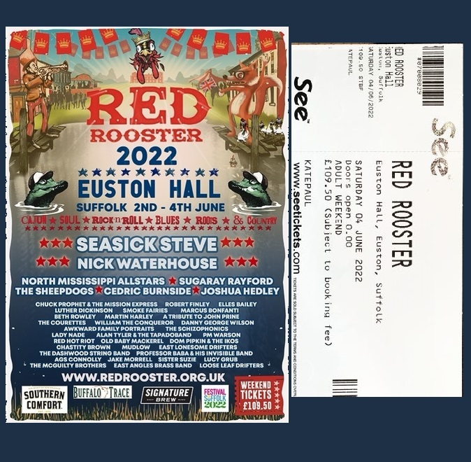 Red Rooster Festival line up poster and image of example ticket