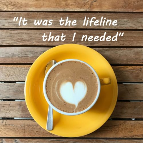 square FEEDBACK a image of yellow coffee cup with saucer and barista style cream heart