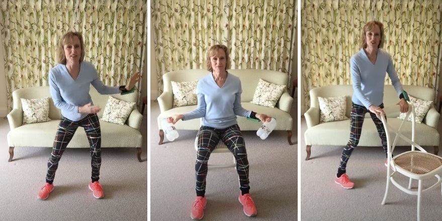 3 screenshots from video of of instructor Rachel from This Community Can performing gentle exercises to do at home