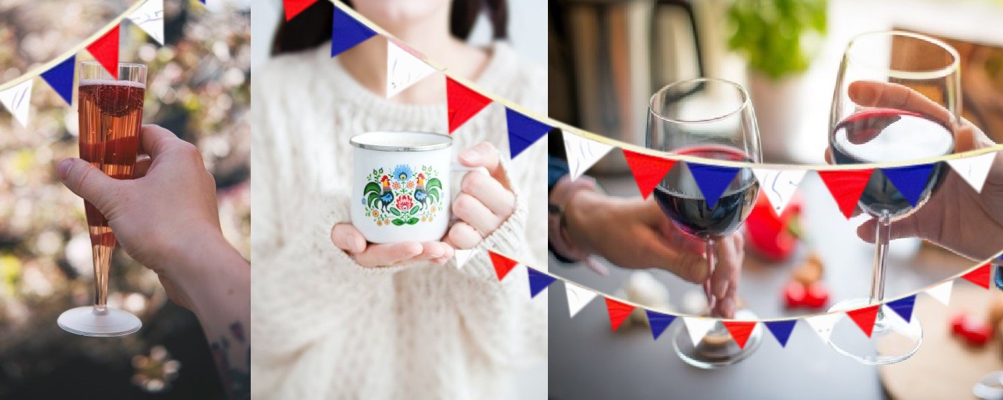 3 images of raise glasses and a mug held by hands in a 'toast' with red, white and blue bunting overlaid across the whole image